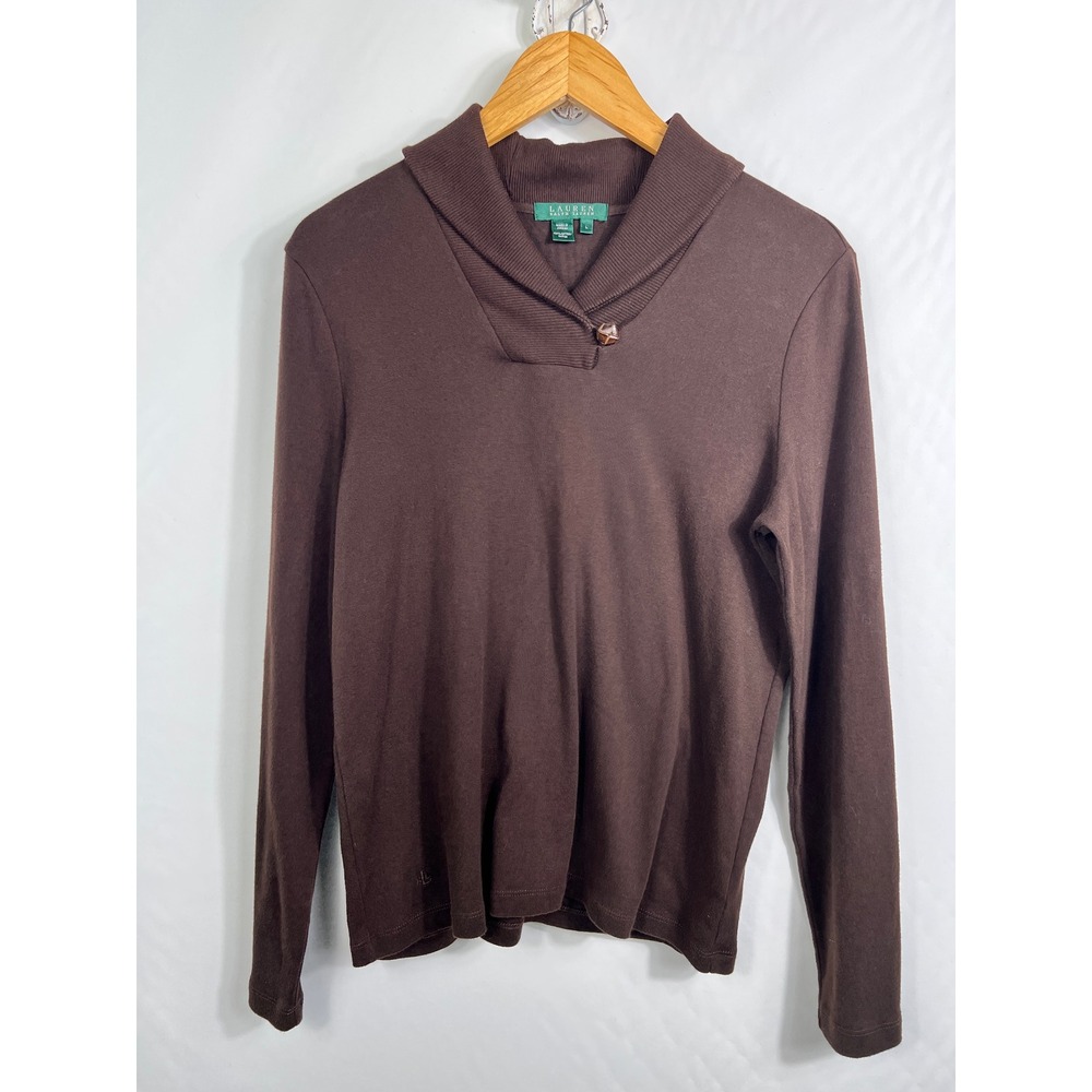 Lauren Ralph Lauren Brown Shawl Collar Long‎ Sleeve Cotton Top Womens Large LRL